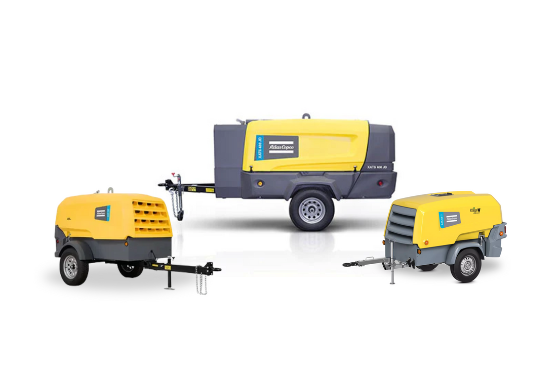 Three Atlas Copco towable diesel air compressors in various sizes, designed for industrial and blasting applications.