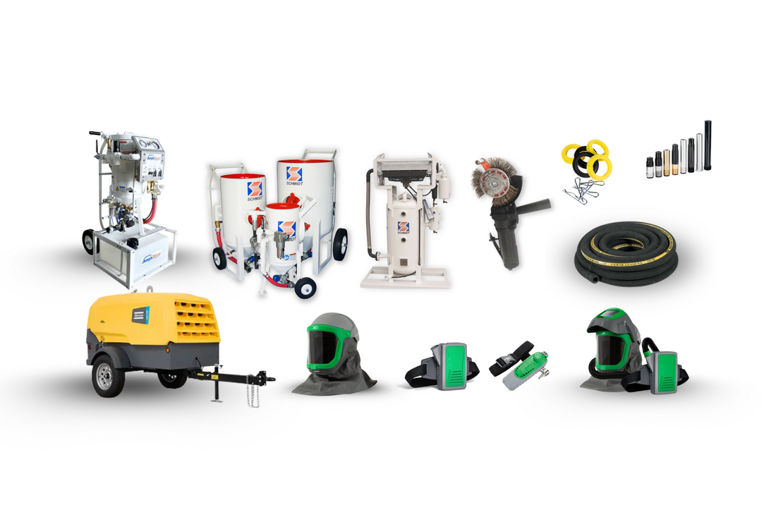 Industrial blasting equipment for sale including Schmidt blast pots, high-CFM compressors, hoses, nozzles, and PPE from Sandblast Solutions