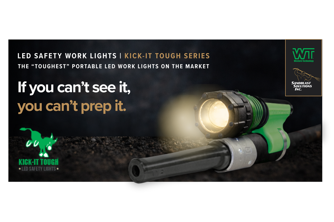 Portable, explosion-proof work safety lighting from kick-it-tough series by Western Technology (available at Sandblast Solutions Inc.)