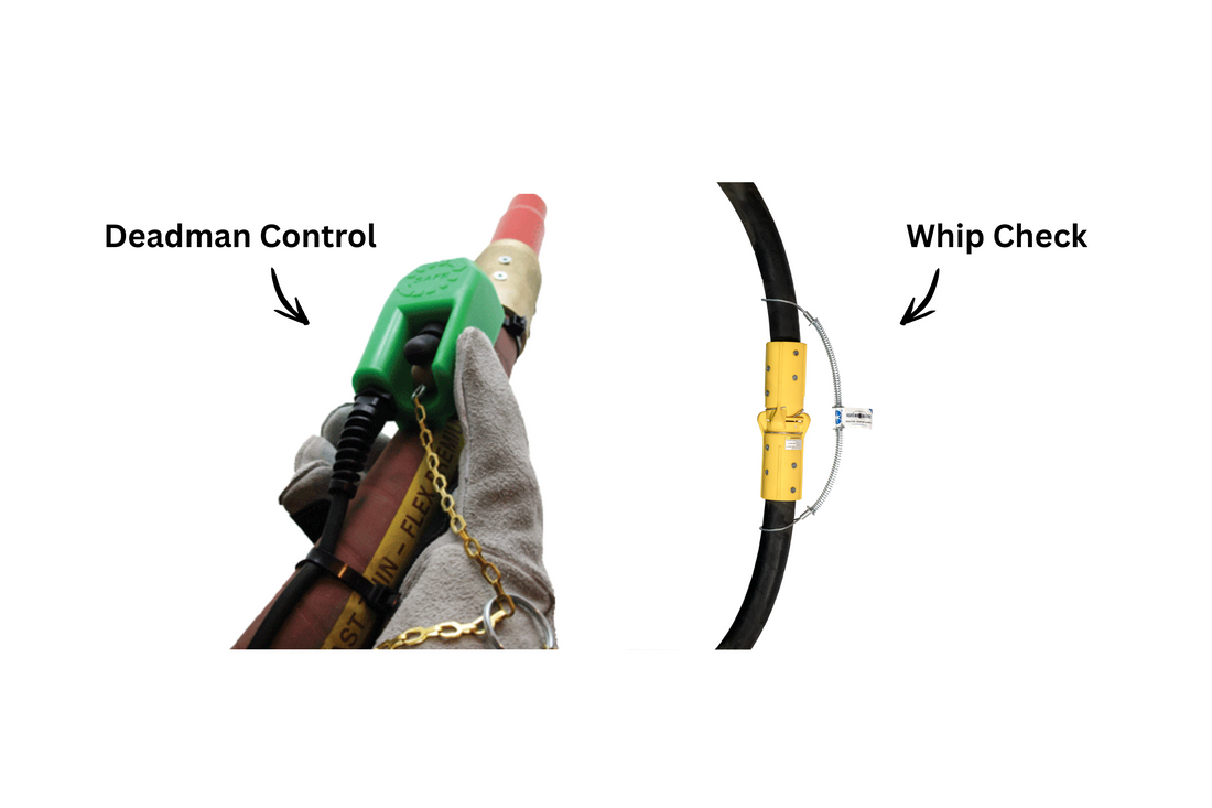Deadman control and steel whip check installed on an abrasive blasting hose connection for operator safety and pressure line restraint.